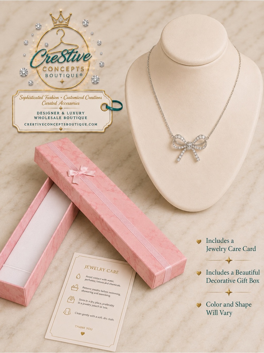 Silver Crystal Bow Pendant Necklace | Elegant Cubic Zirconia Bow Necklace